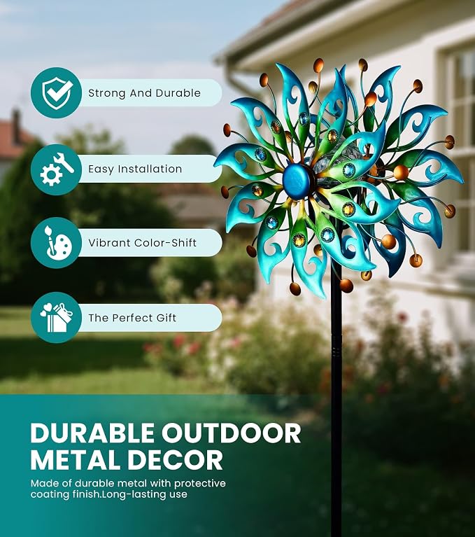 Solar Wind Spinners Outdoor, Yard Decorations Outdoor, Peacock Decor | Hand-Crafted Art,Weather-Resistant,Heavy-Duty,Whisper-Quiet Dual-Bearing,Auto-Glow Solar Crackle Ball,Stable 5-Prong Stake