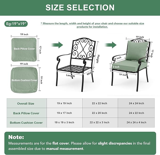 Summsun Outdoor Cushions for Patio Furniture, Faux Linen Water Resistant Backrest and Deep Seat Cushion Set with Removable Cover, Ties, Non-Slip Bottom, 22 x 22 Inch, Sage Green, Set of 4
