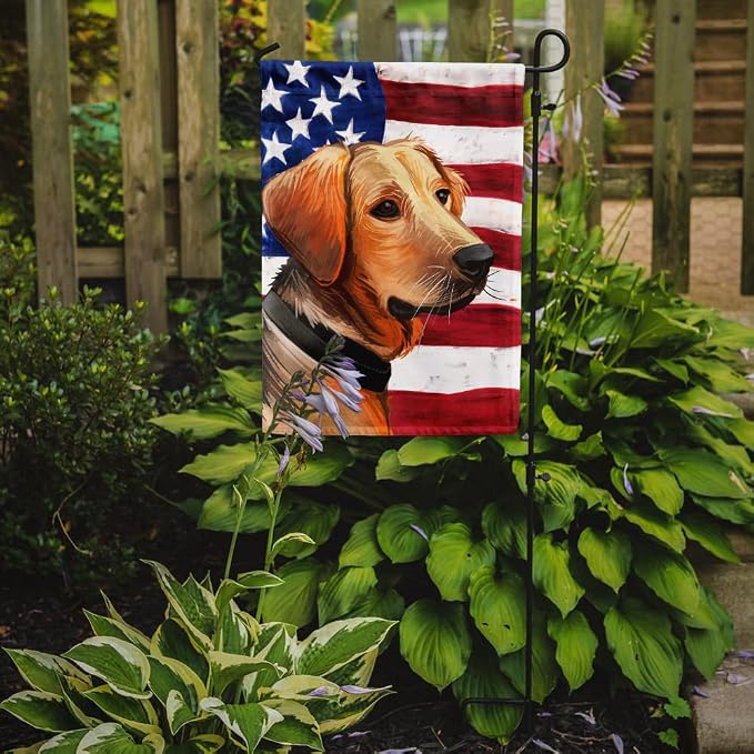 Caroline's Treasures CK6691GF Schiller hound Dog American Flag Garden Flag Mailbox Flag Decorative Yard Flag Banner Outside Patio Artwork Yard Flower Beds, Garden Size, Multicolor