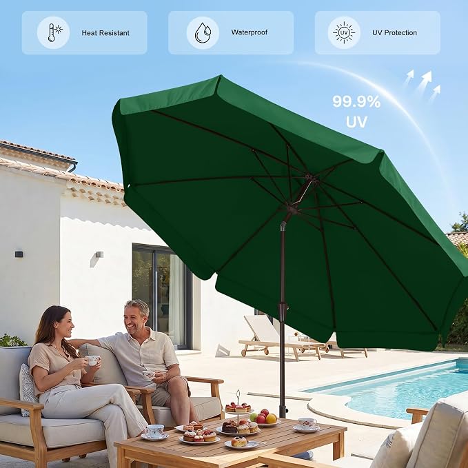 ABCCANOPY 9ft Scalloped Patio Umbrella, Outdoor Table Umbrella with Tilt and Crank, Fiberglass Ribs Deck Umbrella for Patio, Pool, Garden, Picnic (Green)