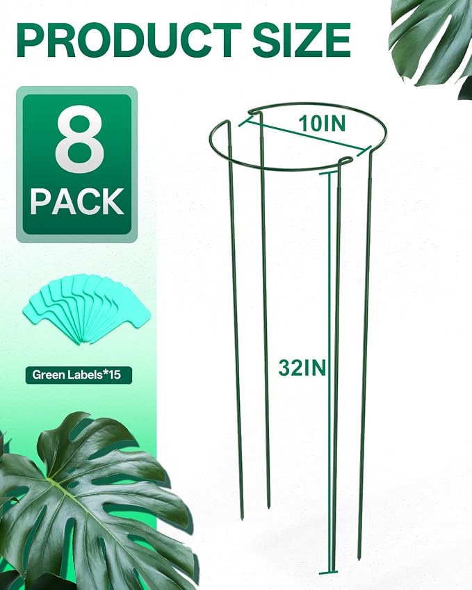 Breeze Touch 8 Pack Plant Support Stakes, 32 Inch Plant Stakes for Outdoor Plants, Peony Cage with 15 Pcs Green Lables, Peony Cages and Supports, Peonies Support Cages Flower Stakes for Plants