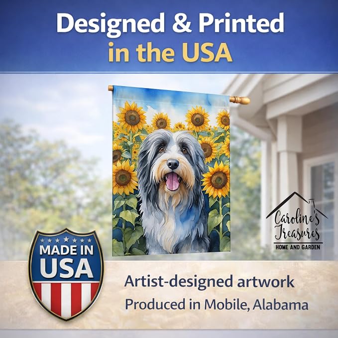 Caroline's Treasures DAC6020CHF Bearded Collie in Sunflowers House Flag Large Porch Sleeve Pole Decorative Outside Yard Banner Artwork Wall Hanging, Polyester, House Size, Multicolor