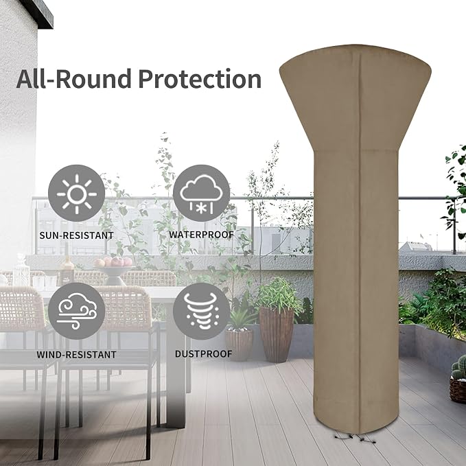 Easy-Going Patio Heater Cover with Zipper and Storage Bag, Waterproof Outdoor Heater Cover Dustproof, UV-Resisant, Wind-Resistant (89"H x 33"D x 19"B, Camel)