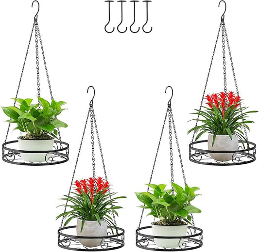 4-Pack Metal Hanging Planters for Outdoor Plants - Heavy Duty Hanging Baskets for Plants Outdoor with Chains and Long Hooks – Aesthetic Hanging Plant Holder for an Instant Indoor Gardening Decor