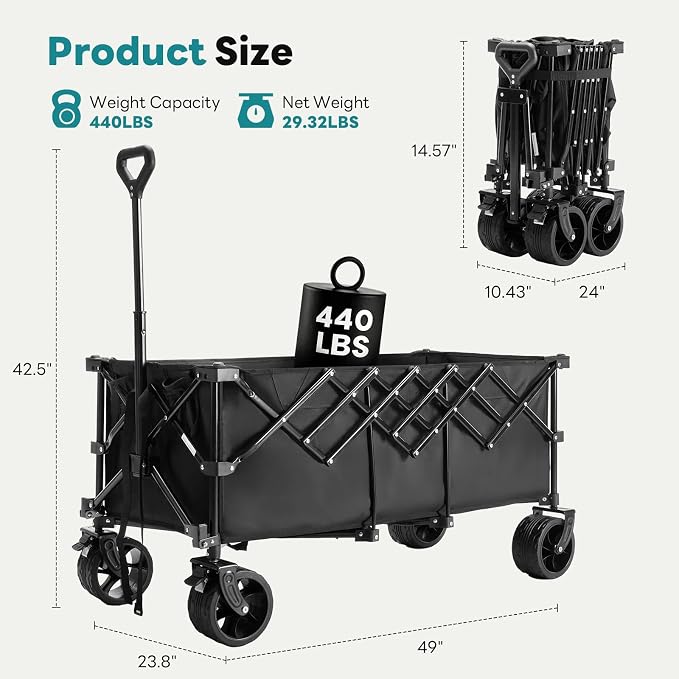 NEWBULIG Wagon Carts Foldable - 440LB Extra-Long Heavy-Duty Collapsible Wagon with All-Terrain Wheels, Portable Storage Shopping Cart for Groceries, Camping, Sports, Beach, Garden