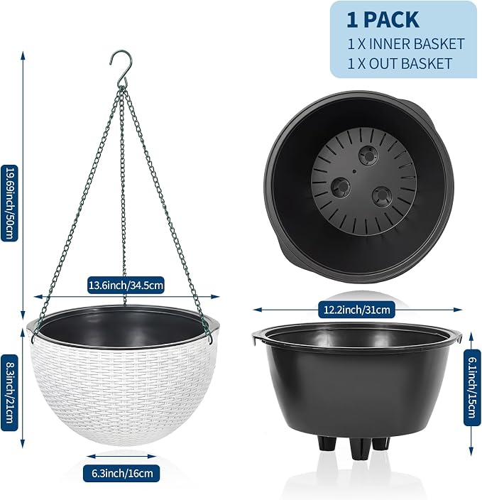 13.8 Inch Self Watering Hanging Planter, 2PCS Round Resin Hanging Basket for Indoor Outdoor Plants, Rattan Look Flower Pot with Drainage Plug, Deep Inner Pot and Sturdy Metal Triple-Chain Hanger