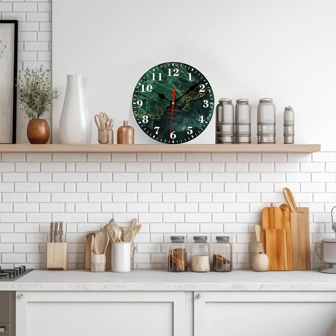 Wall Clocks Battery Operated, Dark Green Luxury Marble Silent Non Ticking Decorative Indoor Outdoor Wall Clocks for Living Room Kitchen Bedroom Bathroom 12"
