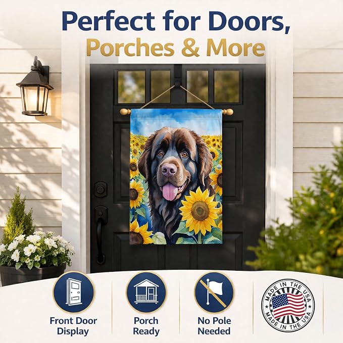 Caroline's Treasures DAC6124CHF Newfoundland in Sunflowers House Flag Large Porch Sleeve Pole Decorative Outside Yard Banner Artwork Wall Hanging, Polyester, House Size, Multicolor