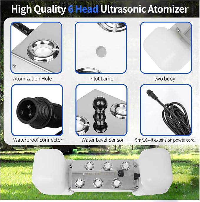 Ultrasonic Mist Maker 6 Head Mist Maker Fogger 5000ml/H Ultrasonic Mister Fogger 200W Atomizer Pond Fogger IP67 Waterproof Fog Mist Machine with Fan for Garden Rockery Halloween Decor (6 Heads+Fan)