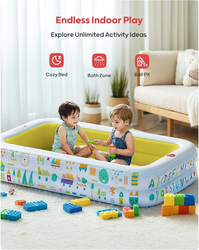QPAU Baby Pool with Canopy, Inflatable Design, 65 x 39 in, Yellow | Inflatable Design with Soft Cushioned Floor, Converts to a Ball Pit for Kids and Toddlers, for Indoor and Backyard Play