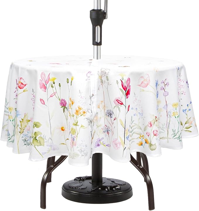 Round Outdoor Tablecloth with Umbrella Hole Umbrella Tablecloth Patio Tablecloths with Zipper for Courtyards, Terraces, and Beaches 60 in