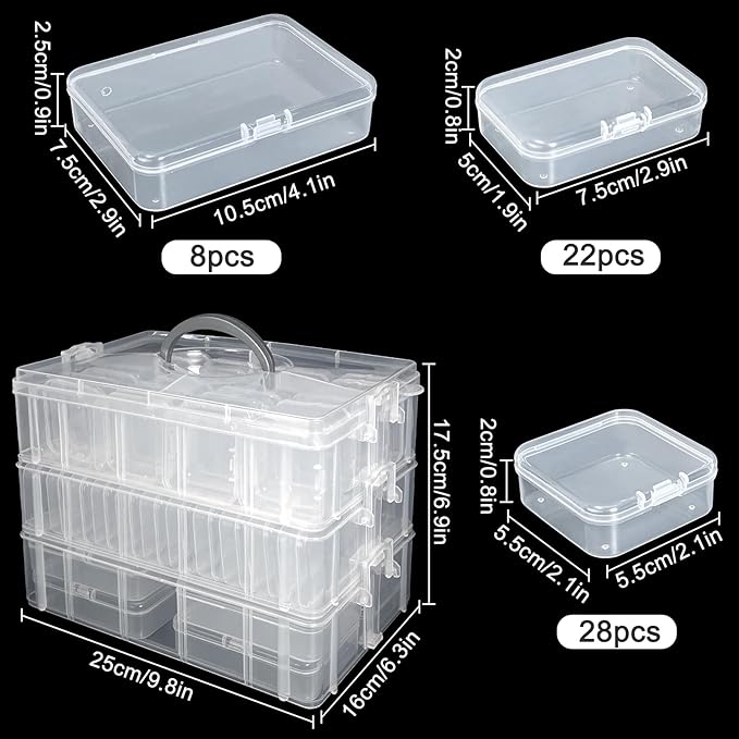 59 PCS Stackable Bead Organizer Box with Removable Cases, Labels & Handle | Clear Plastic Storage for Beads, Jewelry, Diamond Painting, Screws, Crafts, and Small Parts With Hinged lids