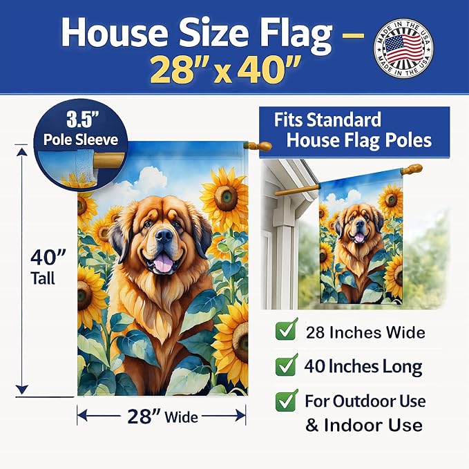 Caroline's Treasures DAC6166CHF Tibetan Mastiff in Sunflowers House Flag Large Porch Sleeve Pole Decorative Outside Yard Banner Artwork Wall Hanging, Polyester, House Size, Multicolor