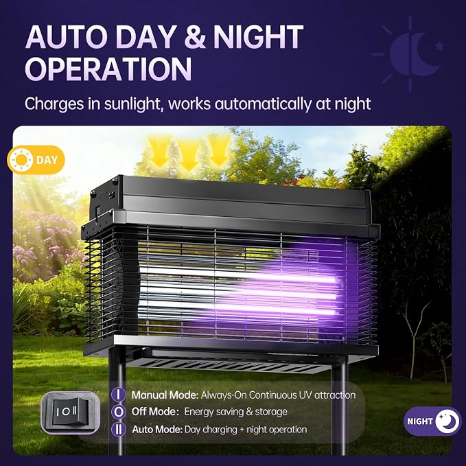 Solar Bug Zapper Outdoor, Purple UV Mosquito Zapper with Smart Rain Off Rechargeable Mosquito Killer Lamp, Wireless Solar Powered Fly Trap for Yard Patio RV (Jet Black)