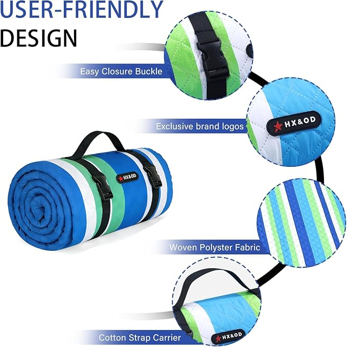 HX&OD Outdoor Picnic Blanket Extra Large, 80''*60'' Waterproof Picnic Mat with Stakes Foldable Camping Blanket Portable with Carry Strap for Beach Mat (Green& White, 80''*60'')
