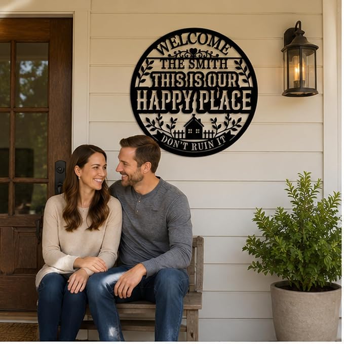 Personalized This Is My Happy Place Metal Sign Custom Family Name Sign Farmhouse Wall Decor Welcome Sign for Front Porch Living Room Backyard Housewarming Gift