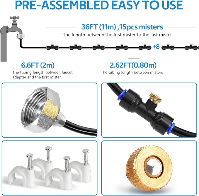 HOMENOTE Misting Cooling System, 42FT(13M) Pre-Assembled Kit with 15 Brass Nozzles & 3/4" Brass Adapter, Cooling Mister for Patio, Backyard, Pets, Garden & Greenhouse