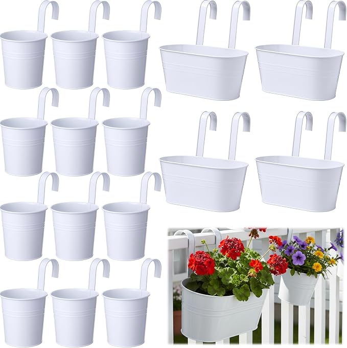 16 Pcs Hanging Flower Pots Planters for Outdoor Metal Iron Wall Flower Planter Baskets for Railing Fence Balcony Garden Yard Home Indoor Decoration with Detachable Hooks(White)