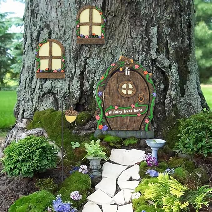MEETYAMOR Miniature Fairy Garden Accessories, 4 PCS Glow-in-the-Dark Opening Fairy Door & Windows for Trees, Magical Yard Art Outdoor Statues, Fairy House Kit Garden Decor for Outside, Patio