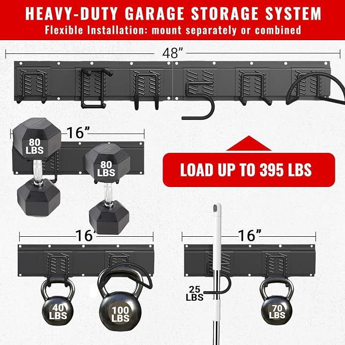 Garage Tool Organizer Wall Mount, Easy to 48inch Install Heavy-Duty Garage Storage System with 6 Adjustable Utility Hooks, Garden Tool Rack for Shovels, Rakes, Yard Tools