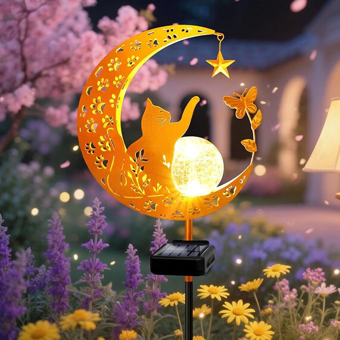 Solar Garden Lights Waterproof, Gift for Women Mom Grandma Wife Daughter, Cat Pathway Stake Lights, Glass Globe with Moon Cat Decor, Outdoor Decor Lights for Walkway Yard Lawn Patio Courtyard Garden