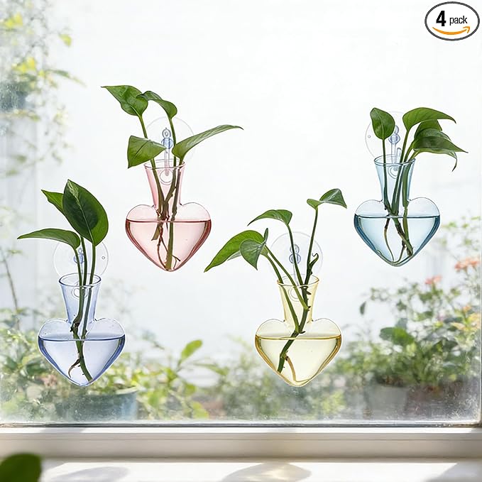 Bunmery Window Propagation Stations, 4 pcs Colored Heart Plant Propagation Station with Suction Cups, Easy to Install Window Hanging Planer, Indoor No Nails Glass Vase Terrarium for Plants&Flowers