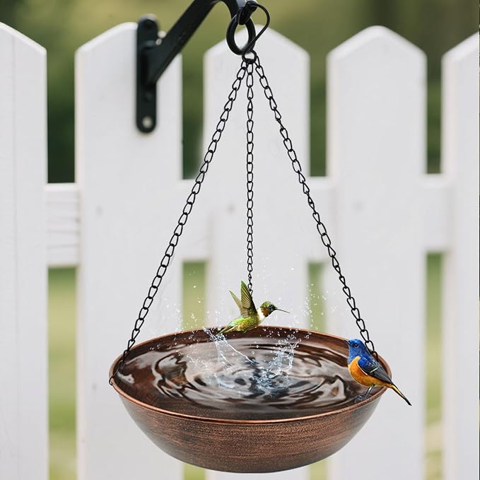 Hanging Bird Bath for Outside, 13" Metal Bird Bath Bowl with Chains & Hook Outdoor Hanging Birdbath for Tree, Gazebo, Patio, Balcony, Gift for Bird Lovers