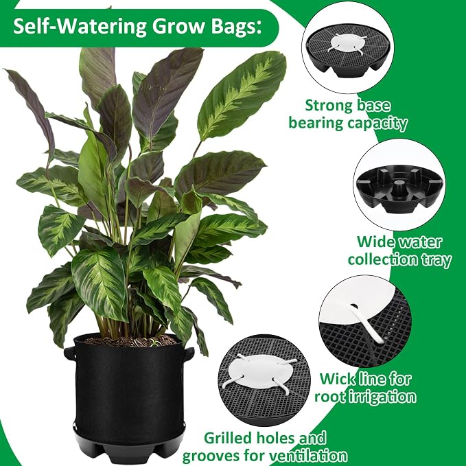 Jingmore 6 Set 3 Gallon Grow Bag Self Watering Fabric Pot Base Automatic Watering System Plant Nonwoven Grow Bag Handle Plant Saucer Elevate Flower Tray for Garden Indoor Outdoor Greenhouse (Black)