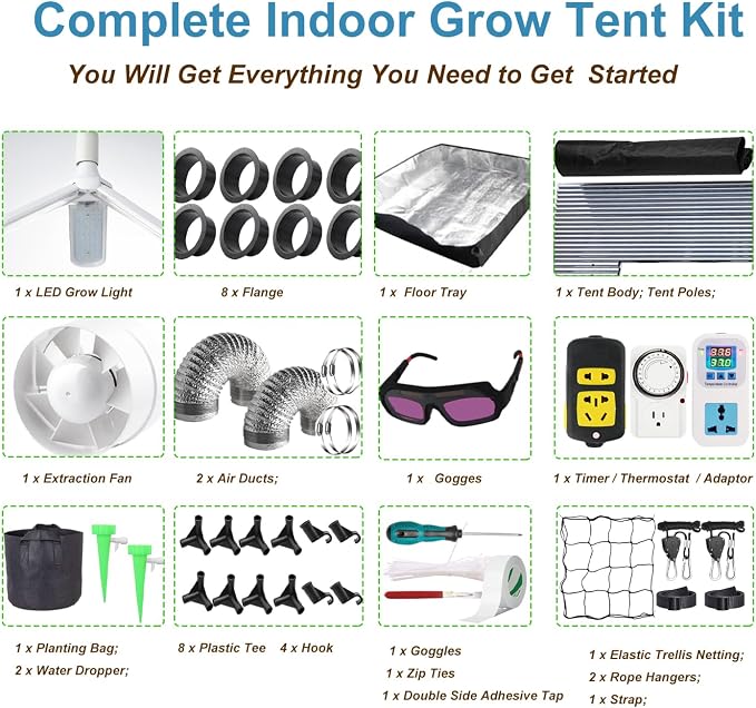 Grow Tent Kit Complete 2x2 ft High Reflective Mylar Hydroponics Indoor Plant Growing Tent with LED Grow Light Ventilaion Fan Growing System+Accesseries (32" x 32" x 63")