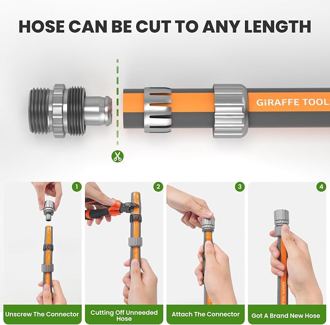 Giraffe Tools 75FT Garden Hose, 5/8" Lightweight Lay Flat Water Hose, No-Kink, Flexible Gardening Hose with Male to Female Aluminum Fitting, Customizable-Length Hose Pipe for Yard