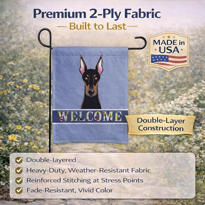 Caroline's Treasures BB1431GF Doberman Welcome Garden Flag, Blue Mailbox Flag Decorative Yard Flag Banner Outside Patio Artwork Yard Flower Beds, Garden Size, Multicolor