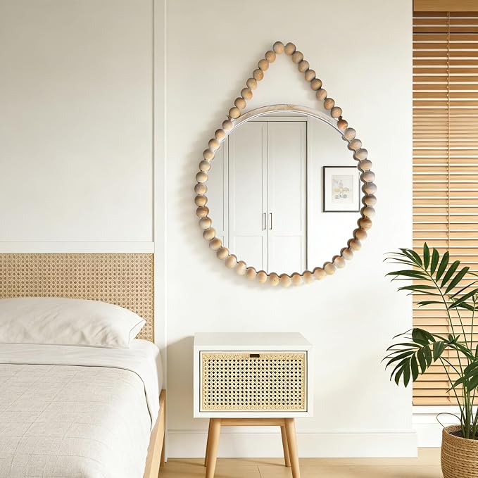 POZINO Wood Round Mirror, 28" Rustic Farmhouse Wall Hanging Mirror with Wooden Beaded Frame, Boho Circle Mirror for Entryway Bathroom Bedroom Living Room Hallway Fireplace