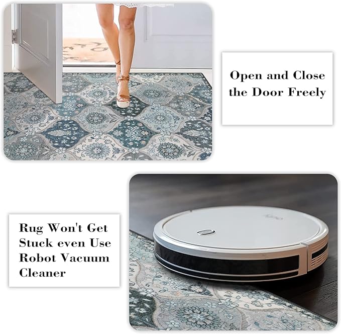 Lahome Moroccan Washable Round Rug, Soft Vintage Small Round Rug 3ft | Non-Slip Ultra-Thin Distress Circle Carpet for Entryway Bathroom Bedroom Kitchen Elise, Blue