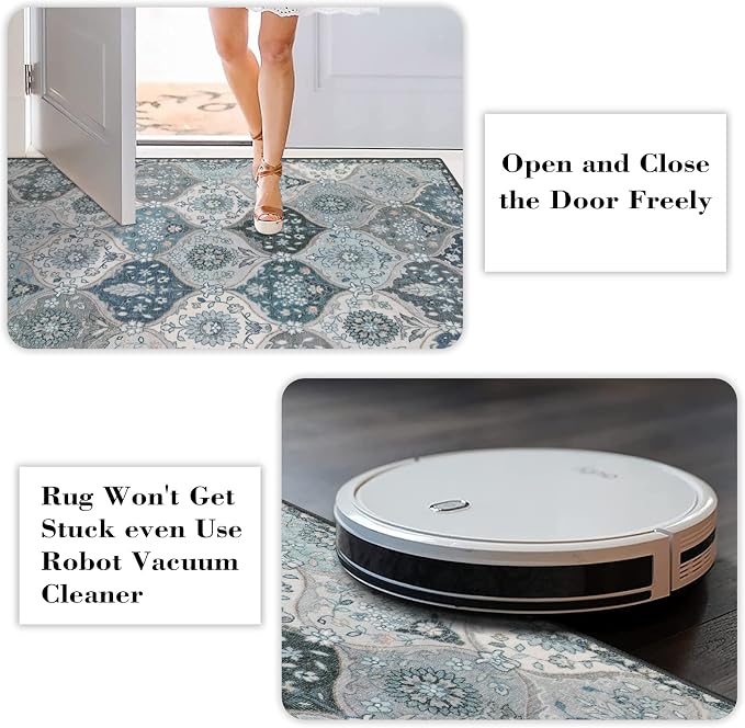 Lahome Moroccan Washable Round Area Rug, Soft Blue Vintage Round Rugs 6ft | Non-Slip Ultra-Thin Distress Large Circle Carpet for Dining Room Living Room Bedroom Elise, Blue