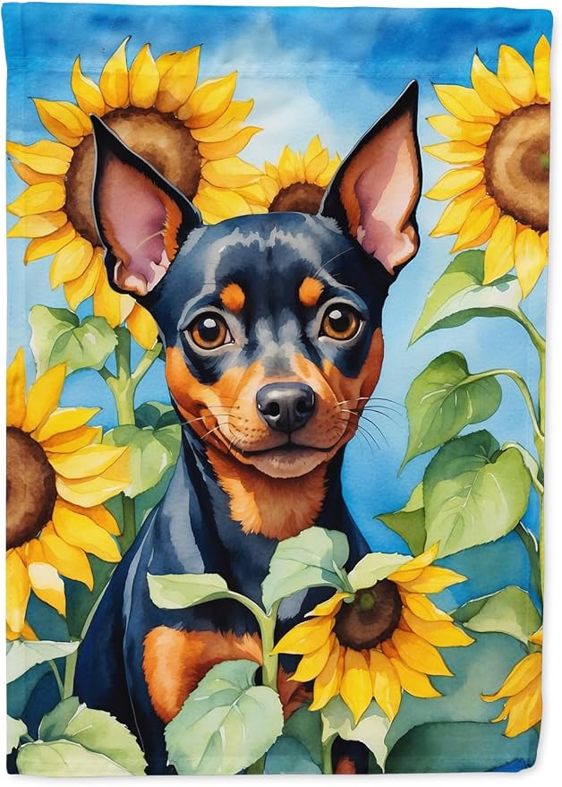 Caroline's Treasures DAC6121GF Miniature Pinscher in Sunflowers Garden Flag Mailbox Flag Decorative Yard Flag Banner Outside Patio Artwork Yard Flower Beds, Garden Size, Multicolor