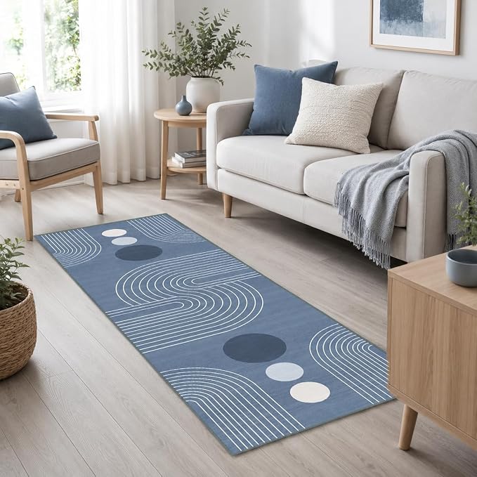 Boho Runner Rug 2x6 Modern Geometric Abstract Rug for Hallway Kitchen Bedroom Dusty Blue Mid Century Modern Runner Machine Washable Non-Slip Printed Low-Pile Long Floor Carpet for Bathroom Laundry