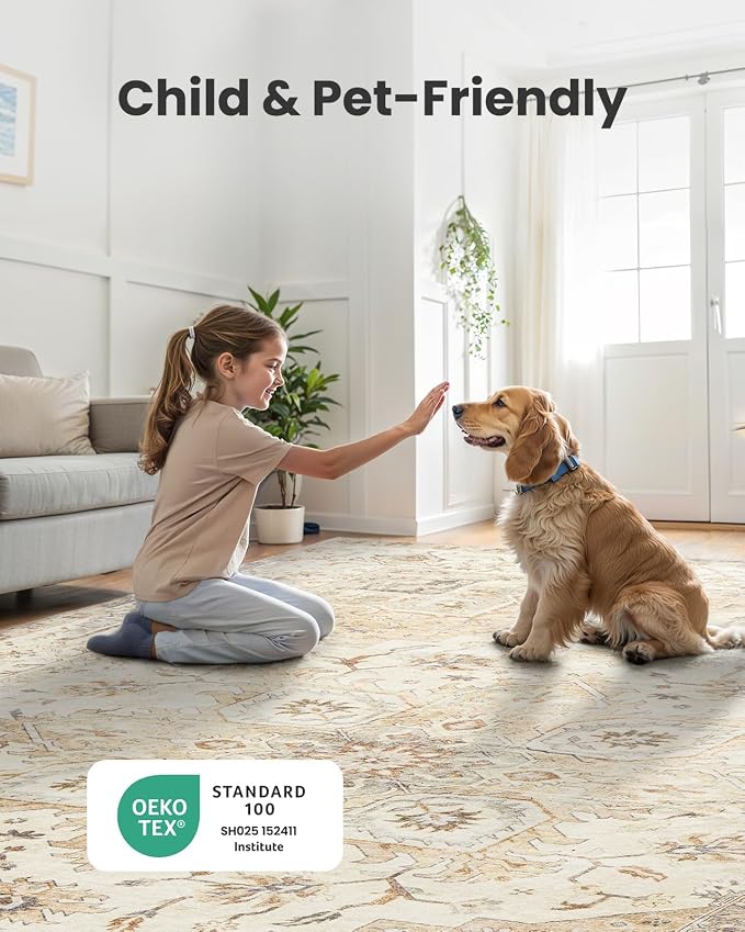 AMADA HOMEFURNISHING Round 6ft Area Rugs, Low-Profile Washable Rug with Non-Slip Backing & Durable Edge Binding, Vintage Rugs for Living Room, Bedroom, Dinning Room