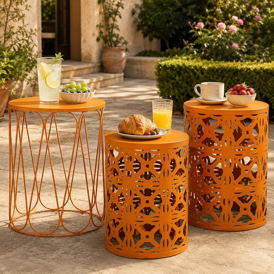 Y&M Outdoor Side Tables Set of 3, Round Metal Stacking Patio Side Tables, Indoor & Outdoor End Tables, Decorative Garden Stool Plant Stand for Patio, Garden, Balcony, Porch, Orange
