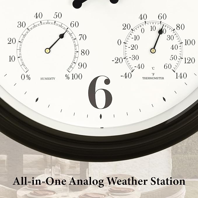 Maison 18 Inch Outdoor Clocks for Patio Large Waterproof with Thermometer,Outdoor Clock with Temperature and Humidity Combo,Weatherproof, Easy to Read,Oil Rubbed Bronze Black