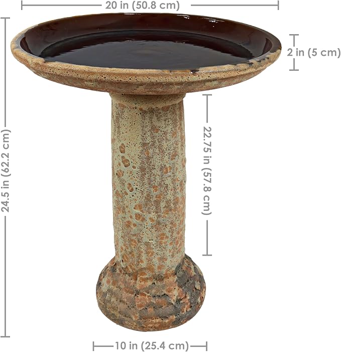 Sunnydaze Toulon Outdoor Ceramic Bird Bath - 24.5" H - UV- and Frost-Resistant - Glazed Bowl - Brown Lava Finish