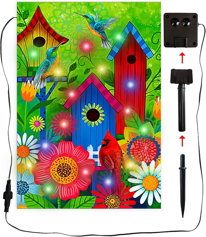 Welcome Lighted birds house large garden flags 28X40 double sided solar | lawn home spring decoration,Vibrant colors, soft polyester