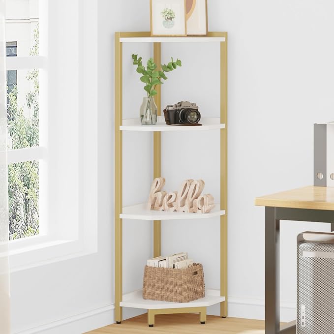 Hzuaneri Corner Shelf Stand, Corner Bookshelf, Storage Standing Shelf Unit with Metal Frame, Plant Stand, Bookcase for Living Room, Home Office, Bedroom, 4-Tier White Gold CS05803A