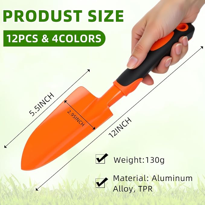 Yaocom 12 Pcs Garden Shovel Aluminum Alloy Heavy Duty Trowel Small Digging Shovels Metal Hand Trowel Spade with Soft Handle for Garden Lawn Yard Planting Tool (Wide Shovel,Multicolor)