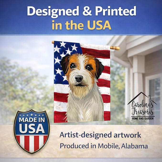 Caroline's Treasures CK6678CHF Russell Terrier Dog American Flag House Flag Large Porch Sleeve Pole Decorative Outside Yard Banner Artwork Wall Hanging, Polyester, House Size, Multicolor
