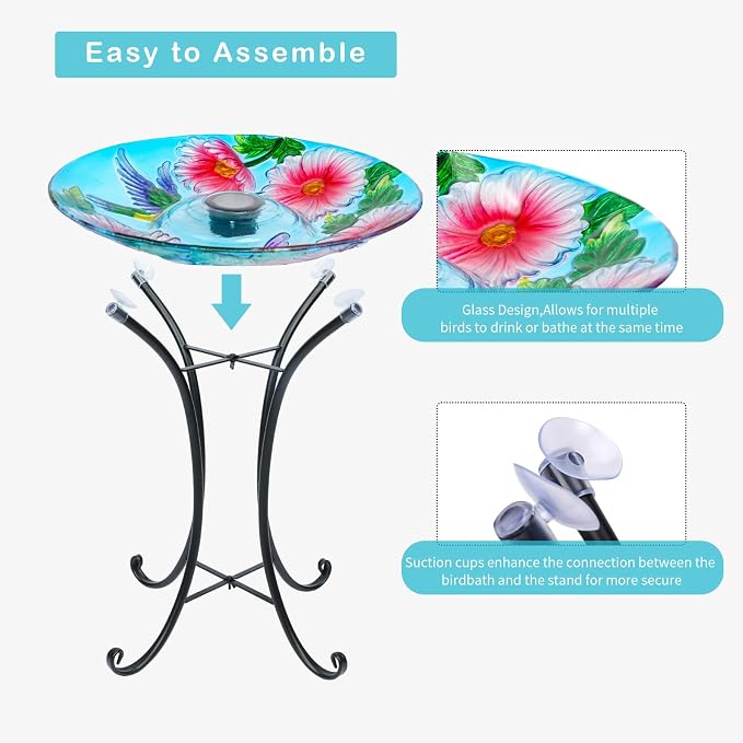 VCUTEKA Solar Birdbath Glass Bird Bath Outdoor with Metal Stand for Lawn Yard Garden Decor, Hummingbird