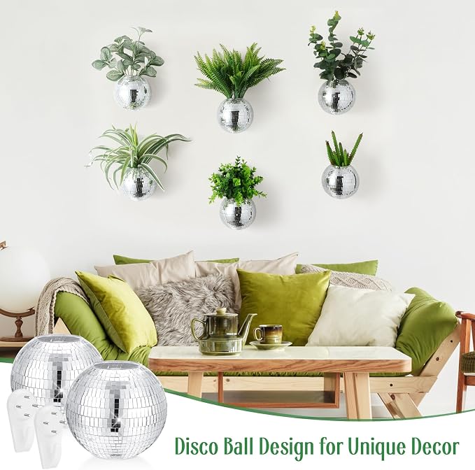 Maxcheck 2 Pcs Disco Ball Planter 4.7 Inch Mirror Disco Ball Wall Hanging Planter Glass Vase Boho Flower Pots Plant Terrariums for Indoor Outdoor Home Decorations (Silver)
