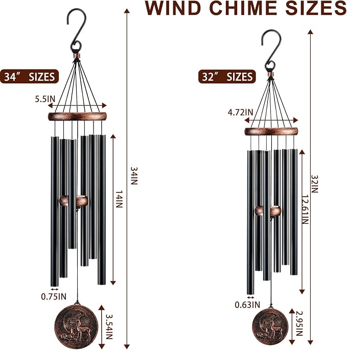 Wind Chimes for Outside, Vintage Deer Deep Tone Wind Chime Outdoor Clearance, Patio Porch Balcony Decoration, Garden Hanging Decor for Women Mom Grandma (32" Deer)