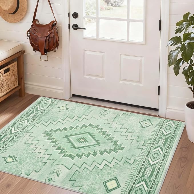 Yinhua Green 2x3 Area Rug for Entryway, Western Rugs Washable | Morrocan Small Rug Non Slip, Vintage Low Pile Indoor Carpet for Bedroom Kitchen Home Decor