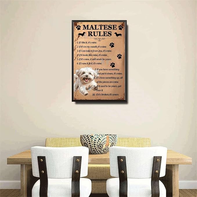 Metal Sign Tin Sign Vintage Wall Art Maltese Rules Bathroom Signs Decor for Club 6×8 Inches with Metal Frame