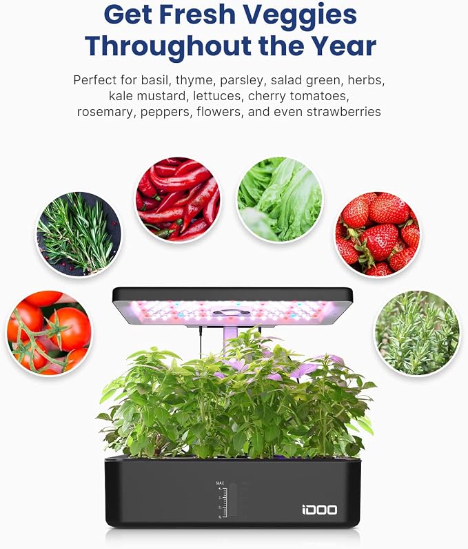 iDOO 12Pods Hydroponics Growing System Garden with LED Grow Light | Indoor Herb Garden for Home Office, Built-in Fan, Auto-Timer, Adjustable Height Up to 11.3", Gift for Women Men Fathers